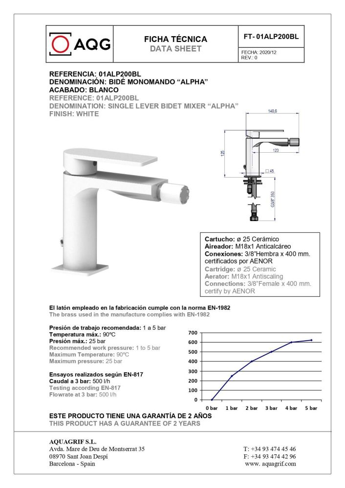 AQG Alpha, однорычажный смеситель для биде без донного клапана, цвет белый матовый, артикул 01ALP200BL