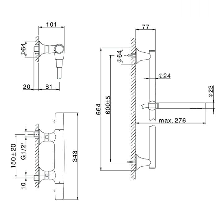 CISAL Vita Комплект для душа: термостат+ душевой гарнитур штанга L=664мм, шланг и ручной душ 1 режим,  цвет хром