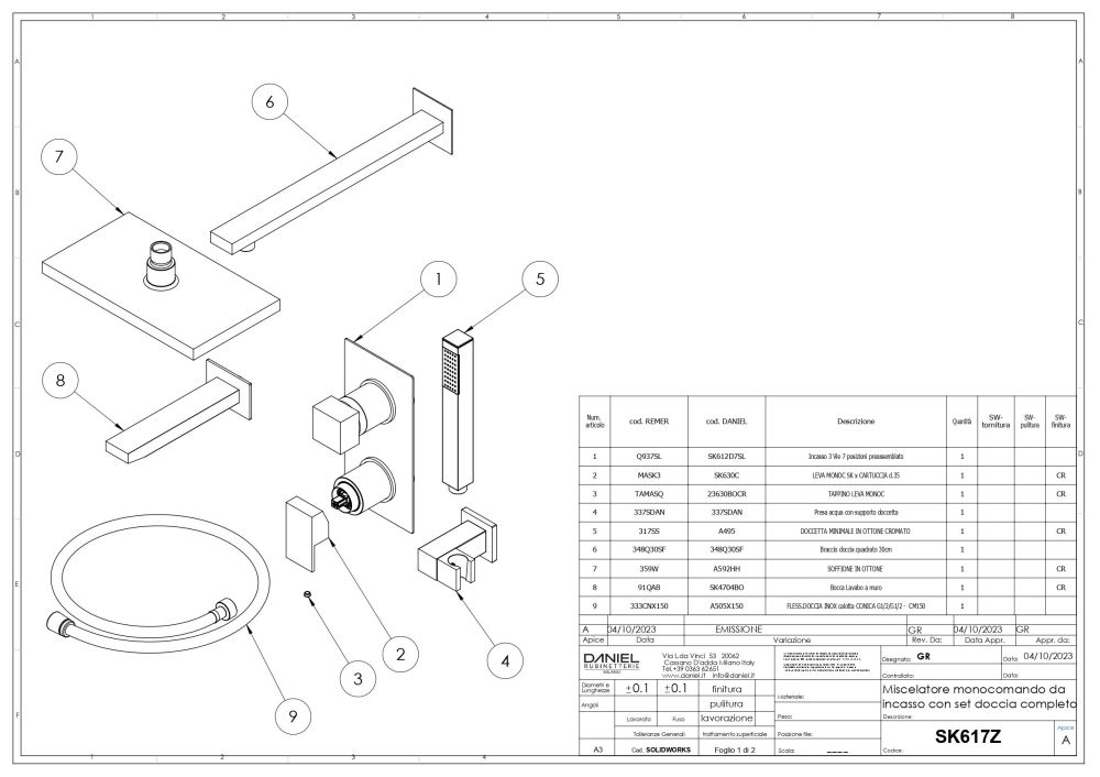 Daniel Skyline, душевой комплект на 3 потребителя: с квадратным изливом, с прямоугольным верхним душем 24х14 см и кронштейном 30 см, цвет хром, артикул SK617Z-CR