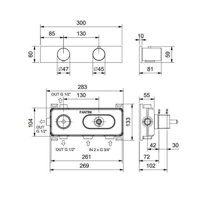 Fantini Milano Термостатический встраиваемый смеситель для душа, 3/4'' на 3 потока,(наружняя часть), цвет: хром