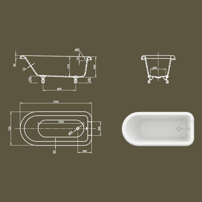 KNIEF  ROLL TOP Ванна отдельностоящая 1525 x 720 x 550 мм., на ножках хром, без слива-перелива, цвет белый