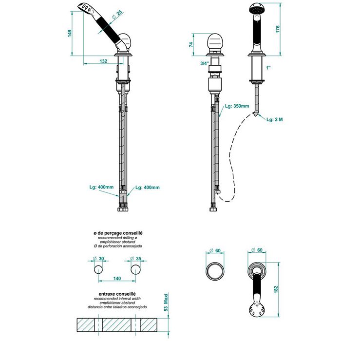 THG SUN DRAGON Смеситель для установки на борт ванны, на 2 отверстия, прогрессивный, с ручным душем, цвет полированное золото