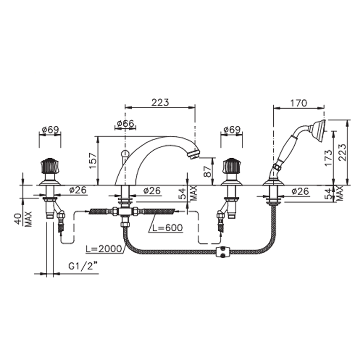 Nicolazzi Onice Смеситель на борт ванны, 4 отв., излив: 223 мм, с ручным душем, цвет: хром