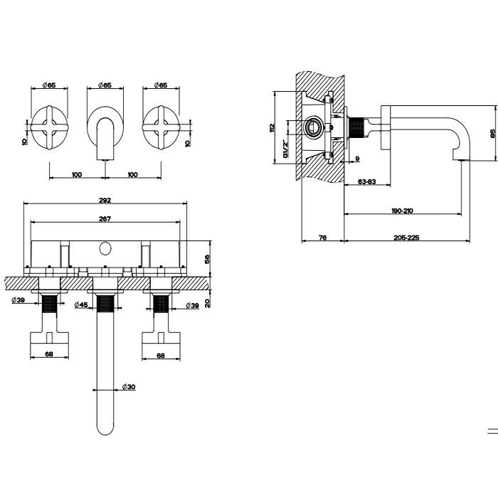 GESSI INCISO Встраиваемый смеситель для раковины на 3 отверстия с изливом 210-190мм (внешние части), цвет: хром