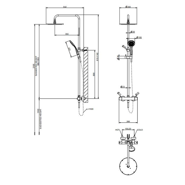 GESSI MINIMALISTIC SHOWER Душевая стойка с термостатическим смесителем, верхним душем Ø250 мм., ручным душем и шлангом 1500 мм, цвет Gold PVD