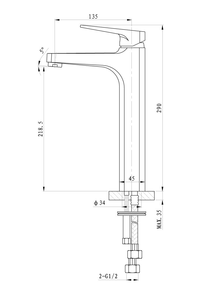 Смеситель для раковины высокий WONZON & WOGHAND ATHENS, Хром (WW-081102-CR)