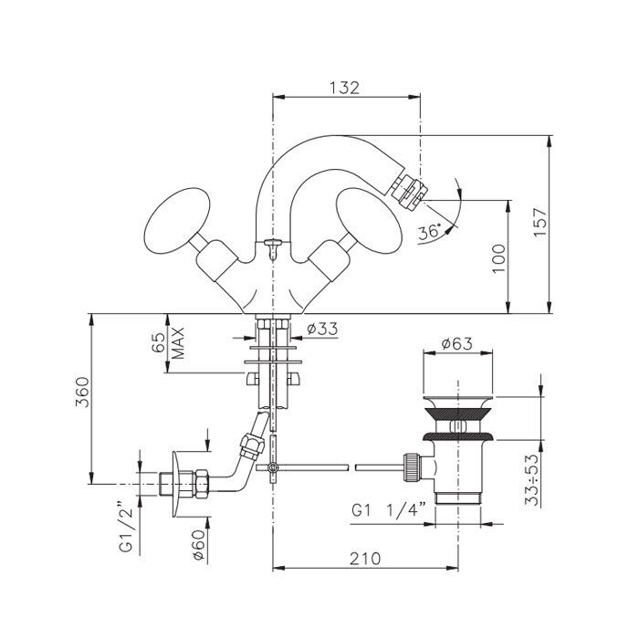Nicolazzi Cristallo Di Rocca Смеситель для биде с 2мя ручками, с донным клапаном, излив: 132мм, цвет:  золото