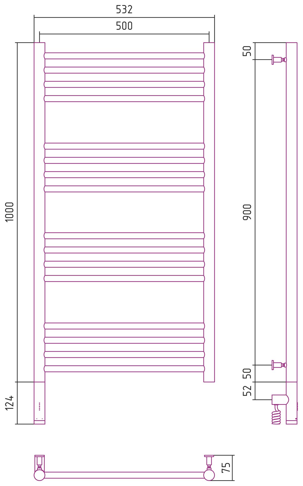 Полотенцесушитель электрический "БОГЕМА 3.0" прямая 1000х500 / МЭМ левый (Состаренная латунь)