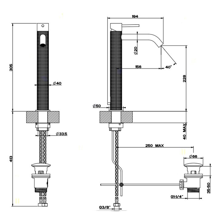 GESSI 316 Смеситель для раковины на 1 отверстие, высокий, h=305мм, с донным клапаном, излив 156мм, цвет: steel brushed