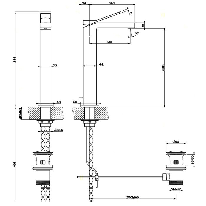 Gessi Rettangolo K Смеситель для раковины на 1 отверстие, с донным клапаном, излив 128мм, цвет: черный
