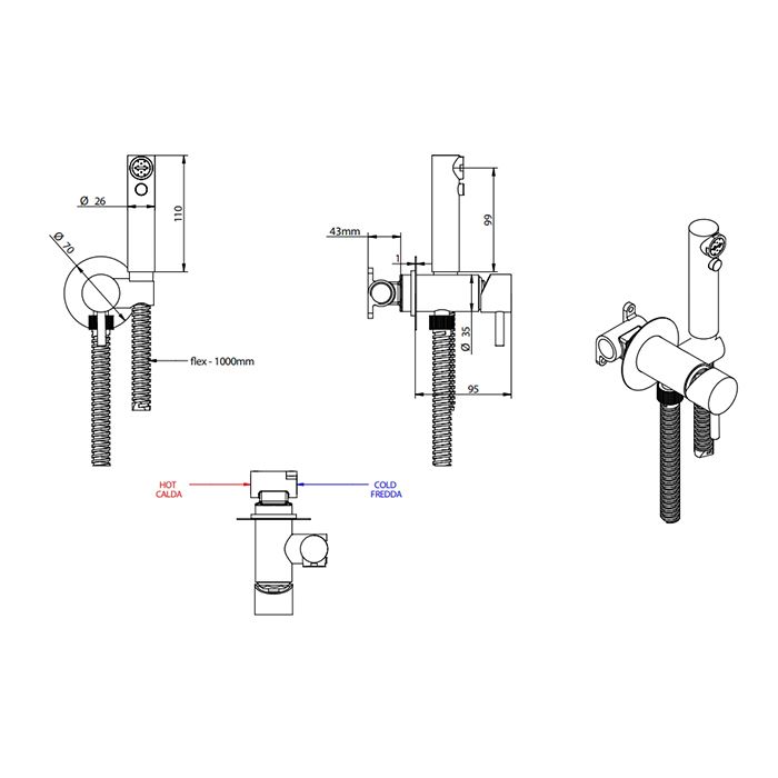 BONGIO ON Гигиенический душ в комплекте с однорычажным смесителем, шланг 1200 мм., внешняя часть, цвет черный матовый хром (без внутр части 09490/CT), артикул 32916NMEU