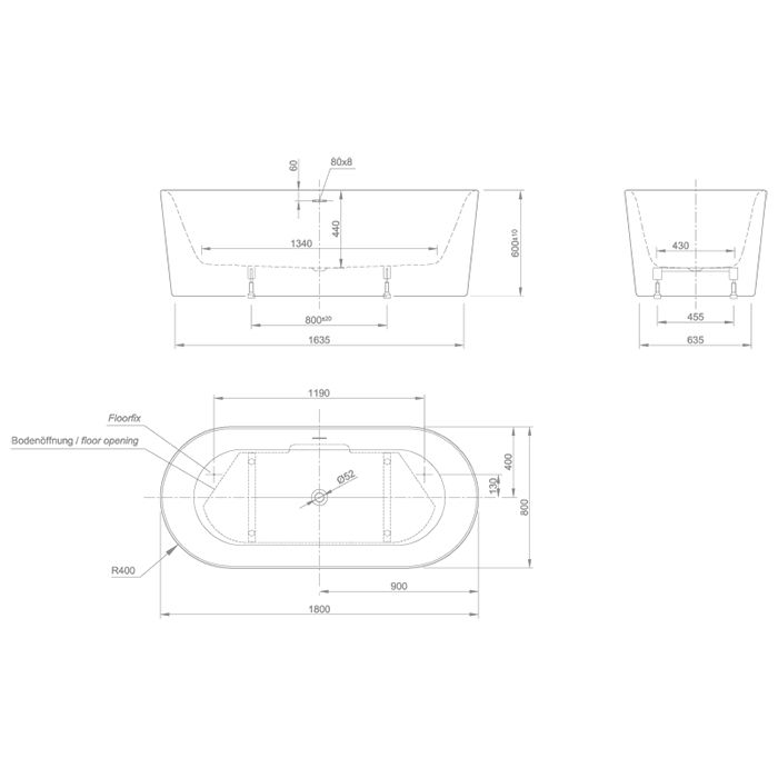 KNIEF Fresh Ванна отдельностоящая 180х80х60см, с щелевым переливом, без слив-перелива, цвет белый матовый