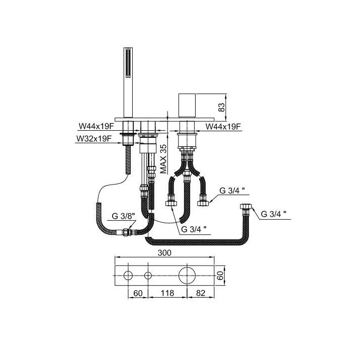 Fantini Milano Смеситель на борт ванны, на 3 отв, на 2 источника, с ручн.душем, без излива, цвет: матовая натуральная сталь