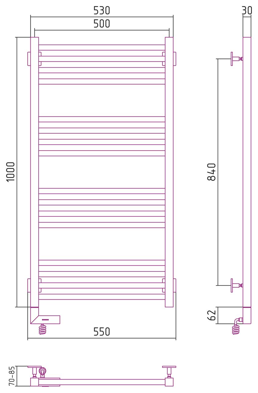 Полотенцесушитель электрический "МОДУС 2.0" 1000х500 / МЭМ левый (Без покрытия)