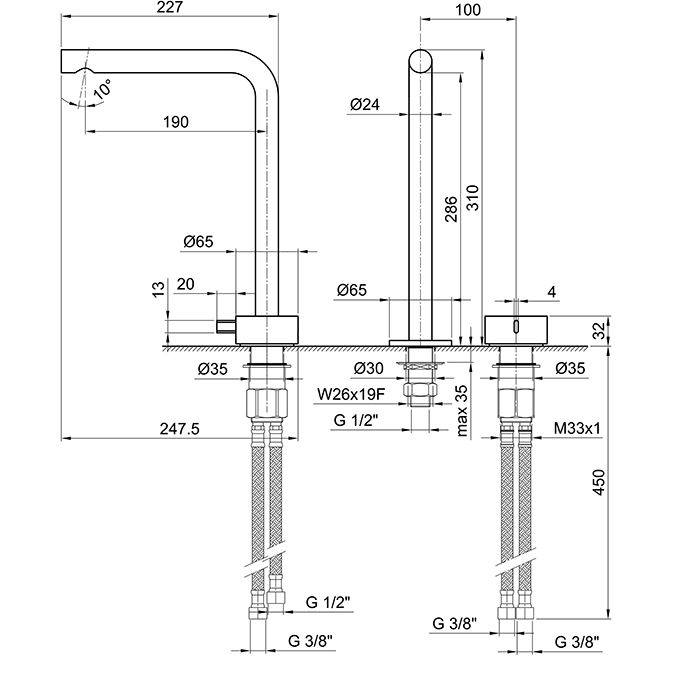 Fantini AF/21 Смеситель для раковины, 2 отв., без донного клапана, излив 190мм, цвет: матовая натуральная сталь