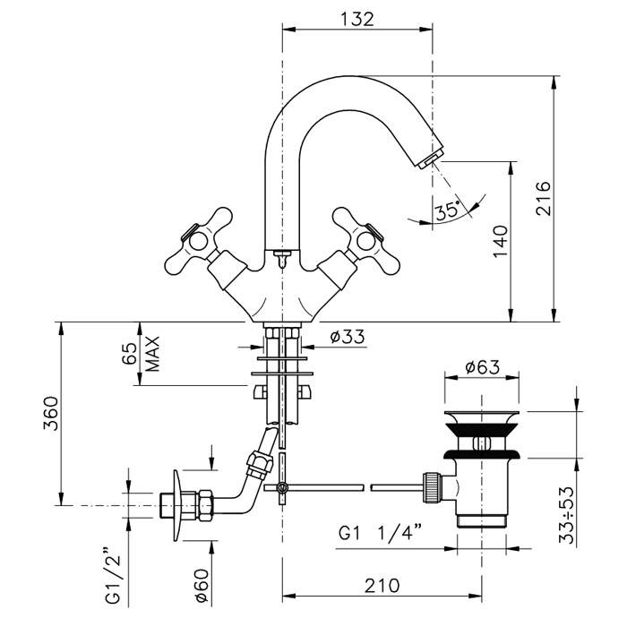 Nicolazzi Nuova Brenta Смеситель для раковины с 2мя ручками, поворотный излив: 132мм, с донным клапаном, цвет: хром