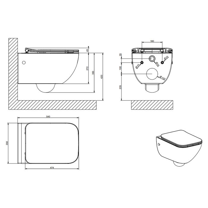 GESSI Origini Total Look Унитаз подвесной 474х358х350 мм, с сиденьем микролифт, петли хром, с сифоном, цвет Matt Black Ceramic