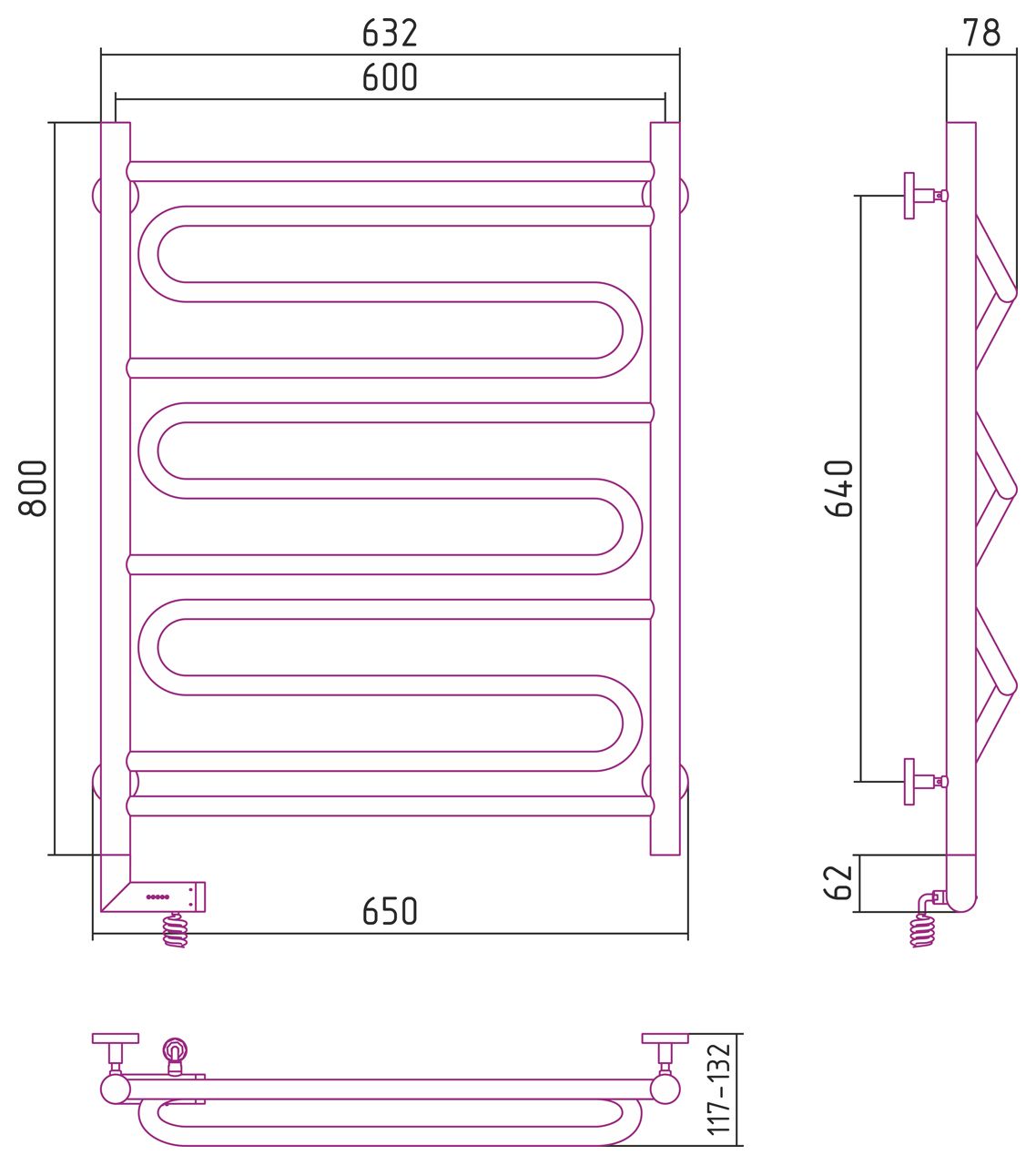Полотенцесушитель электрический "ЭЛЕГИЯ 2.0" 800х600 / МЭМ левый (Матовый черный)