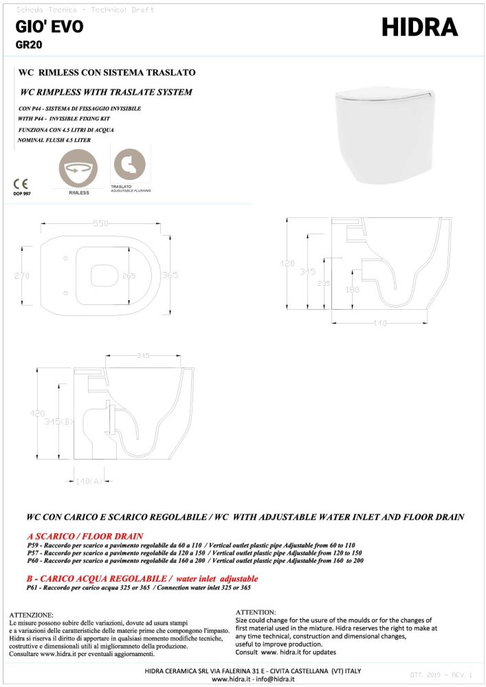 Hidra Gio, напольный безободковый унитаз c крепежом, 55x36,5 см, цвет белый матовый, артикул GR20/006