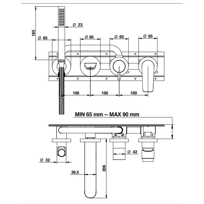 Bongio GIO2 Смеситель встроенный для ванны с ручной лейкой,излив 206 мм цвет: хром (со встраиваемой часть)