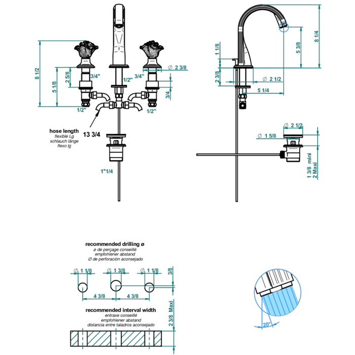 THG ROSE Смеситель для раковины на 3 отверстия, с донным клапаном, цвет хром