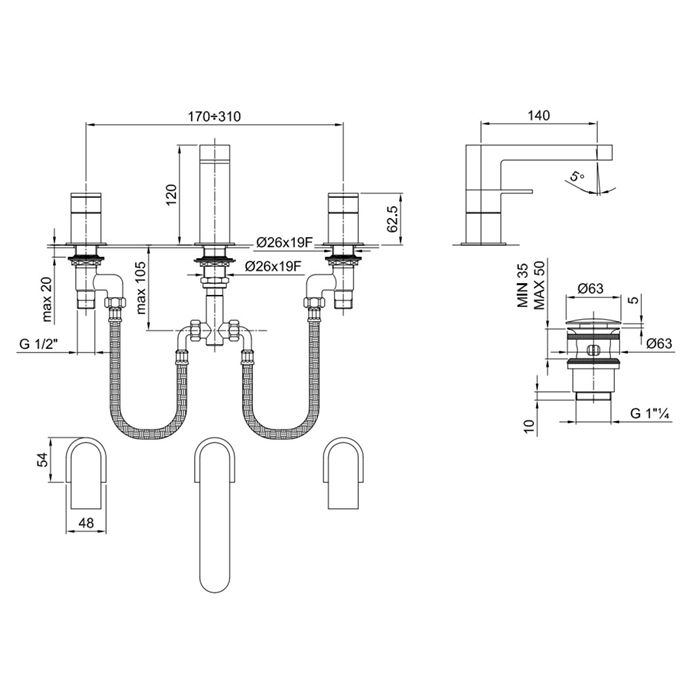Fantini Mare Смеситель для раковины, 3 отв., с нажимн. донным клапаном, излив 140мм, цвет: хром