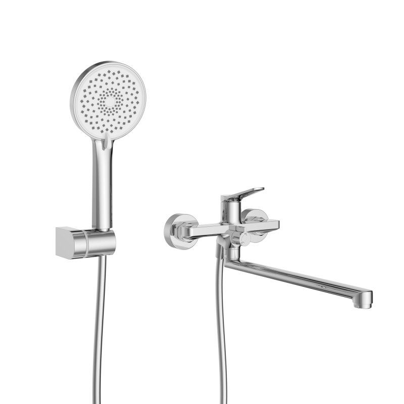 UNIQUE Смеситель для ванны и душа с длинным изливом в комплекте с ручным душем, шлангом и держателем, хром UNIQUE-VASM-L-CRM, артикул UNIQUE-VASM-L-CRM