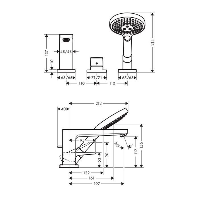 HG Metropol Смеситель на борт ванны на 3 отв, излив 197мм, с ручным душем 3jet, цвет: хром