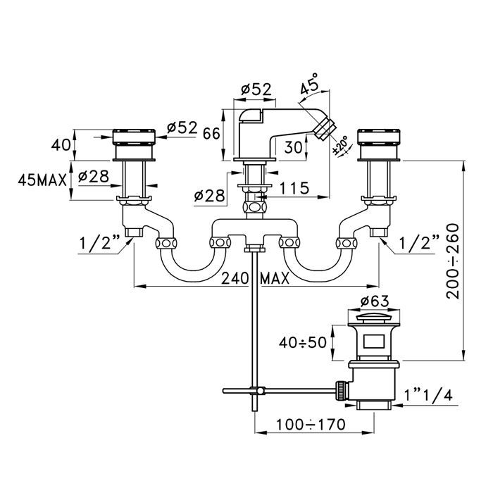 Stella Timeaster Смеситель для биде на 3 отверстия 3601, с донным клапаном, цвет: хром, ручка черная