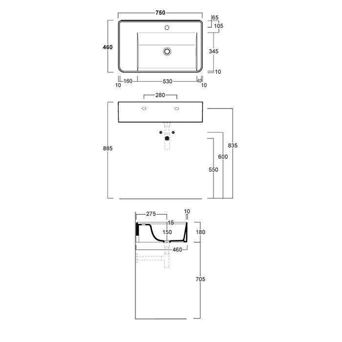 SIMAS RATIO  Раковина чаша подвесная 75x46xh18 см, с 1 отв. для смесителя, без перелива, цвет белый