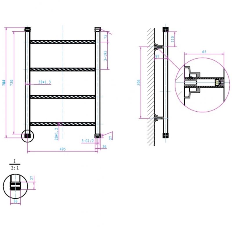 Полотенцесушитель водяной, 752*500мм,  ORO