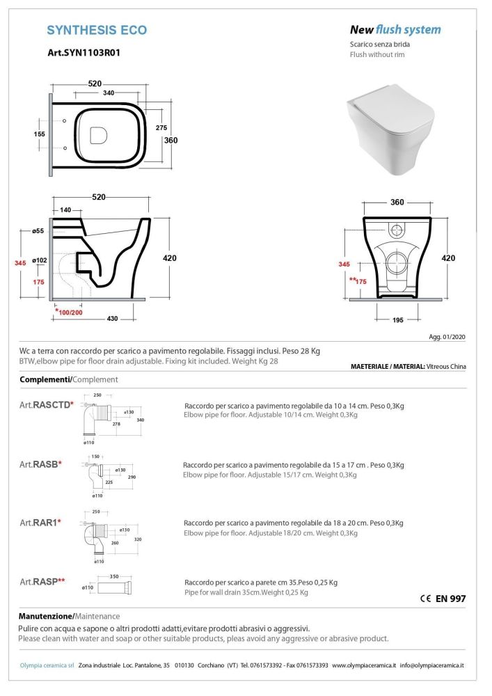 Olympia Synthesis Eco, напольный безободковый унитаз 52x36xh42 см, цвет черный глянцевый