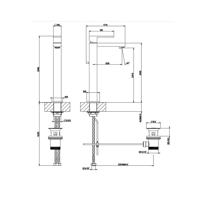 Gessi Rettangolo Смеситель для раковины с донным клапаном и высоким изливом 128мм, цвет: черный