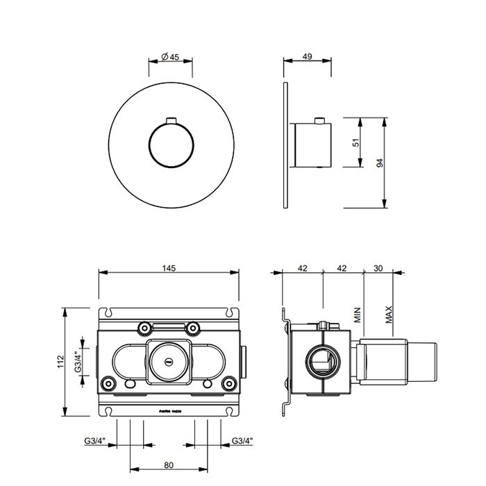 FANTINI SAILING Смеситель настенный встраиваемый, термостатический, без запорного вентиля, внешняя часть, цвет Deep Black PVD
