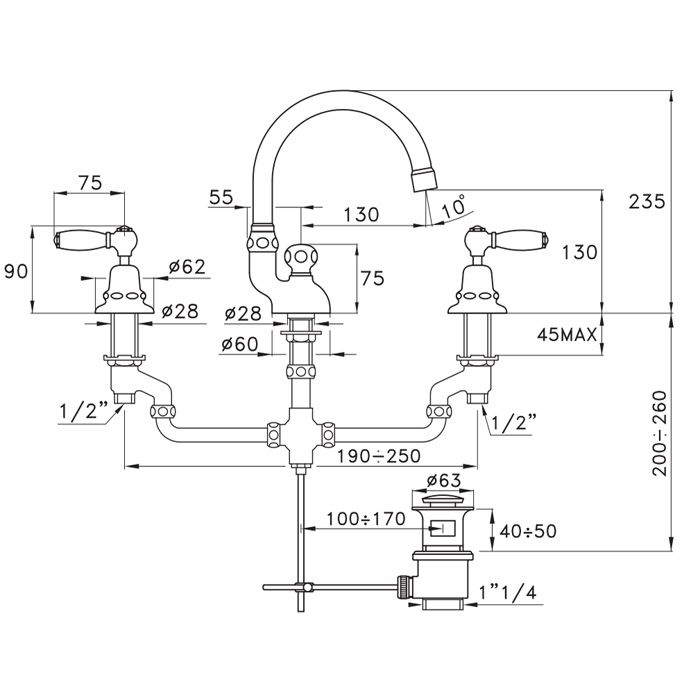 Stella Italica Leve Смеситель для раковины на 3 отверстия 3225, с донным клапаном, цвет: хром
