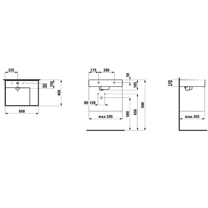 Laufen Kartell Раковина 600х460х120мм без перелива, с 1 отв. под смеситель, со скр сливом, полка справа, цвет: белый