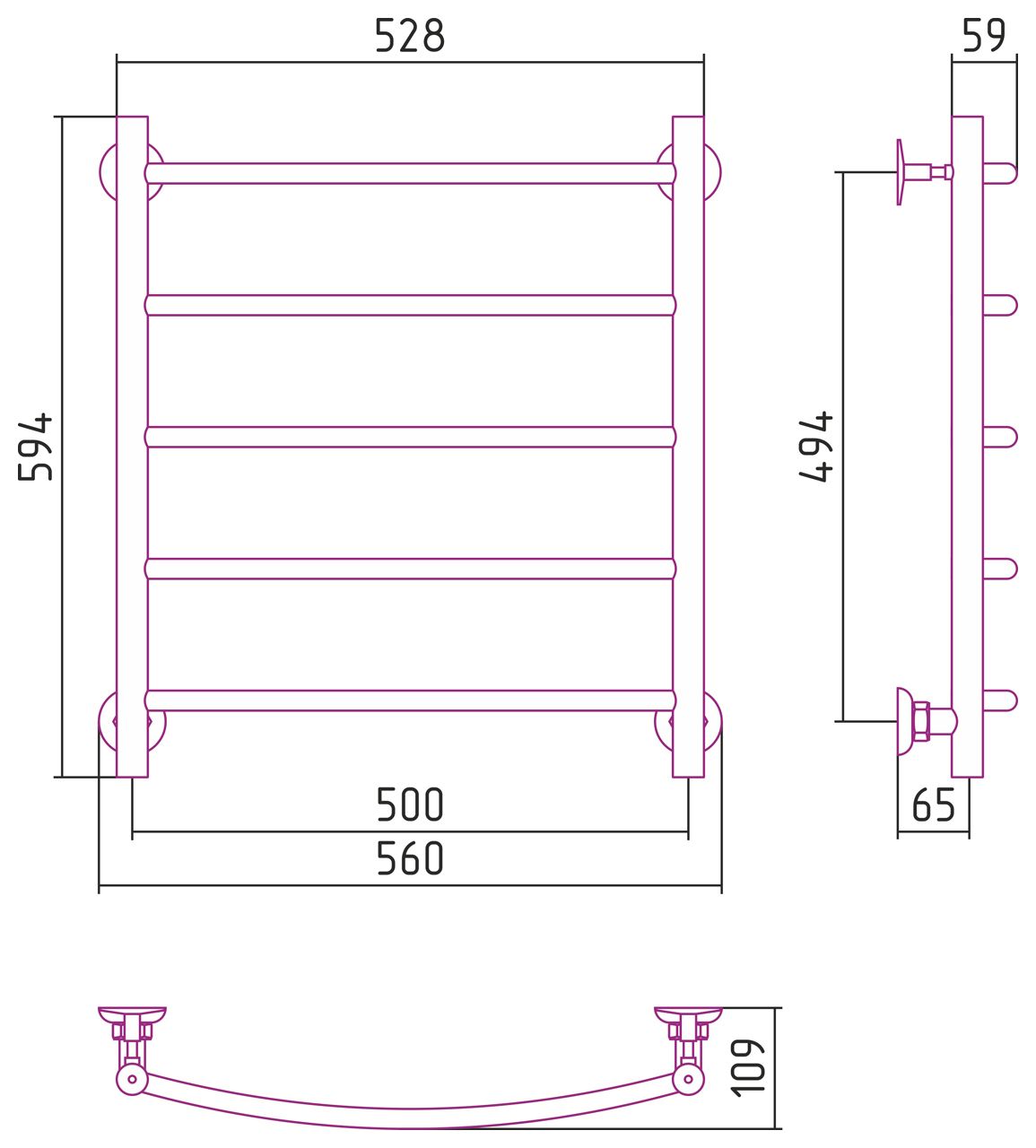 Полотенцесушитель СТИЛЬЕ "Версия-Н2" 600х500 (5) Г 18 (Без покрытия)