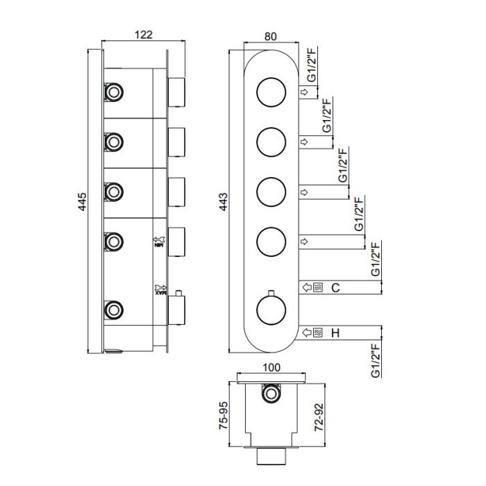Carimali ILTONDO Внешняя часть вертикальная  термостатического смесителя с 4 запорными вентилями,цвет хром