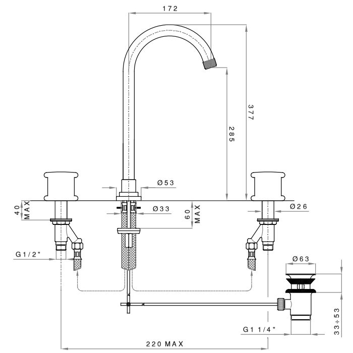 Nicolazzi Festival  Смеситель для раковины на 3 отв., цвет: NEM +ручки FESP003+FESP004, артикул S3714DNEM+FESP003+FESP004