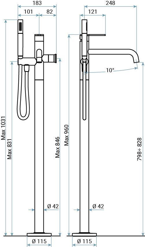 Emmevi Filobrass, однорычажный (со стержнем) напольный смеситель для ванны на 1 ноге, c набором для душа, цвет черный матовый