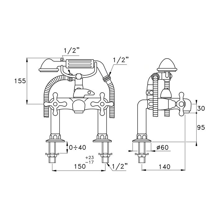 Stella Roma Смеситель на борт ванны на 2 отверстия 3267RG306 с ручным душем, цвет: хром