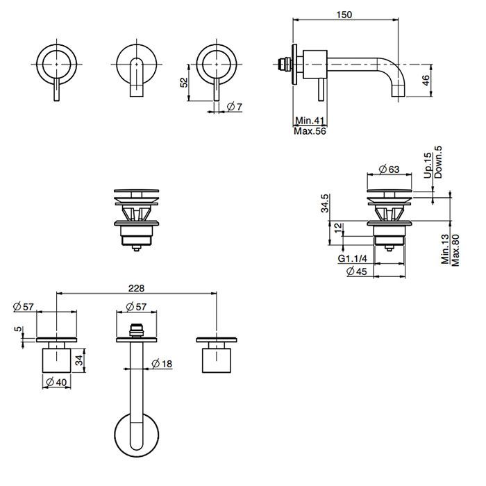 FIMA|Carlo Frattini SPILLO UP Смеситель для раковины встраиваемый, двухвентильный, излив 150 мм, с дон клап, внешн часть, цвет  хром, артикул F3161/5CR