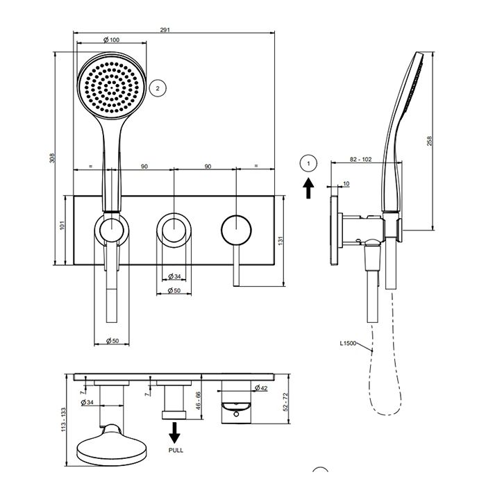 Gessi Emporio Via tortona Внешние части для встр. однорычажного смесителя на 2 позиции с переключателем, подводом воды и держателем лейки, душевойлейк, артикул 44829#149