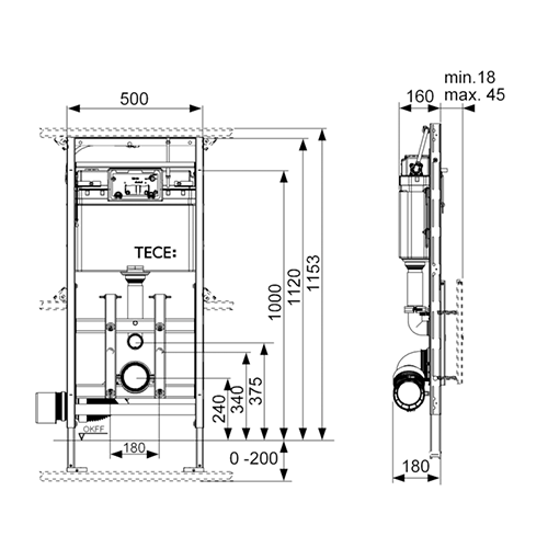 Застенный модуль TECElux 200 для установки подвесного унитаза