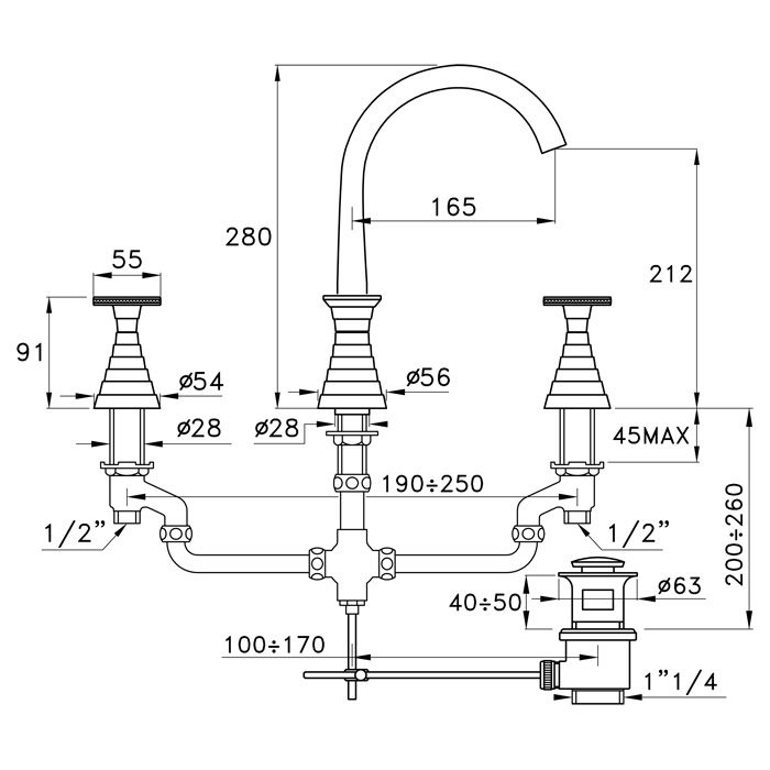 Stella Titian Смеситель для раковины на 3 отверстия 3222/bis, с донным клапаном, цвет: хром