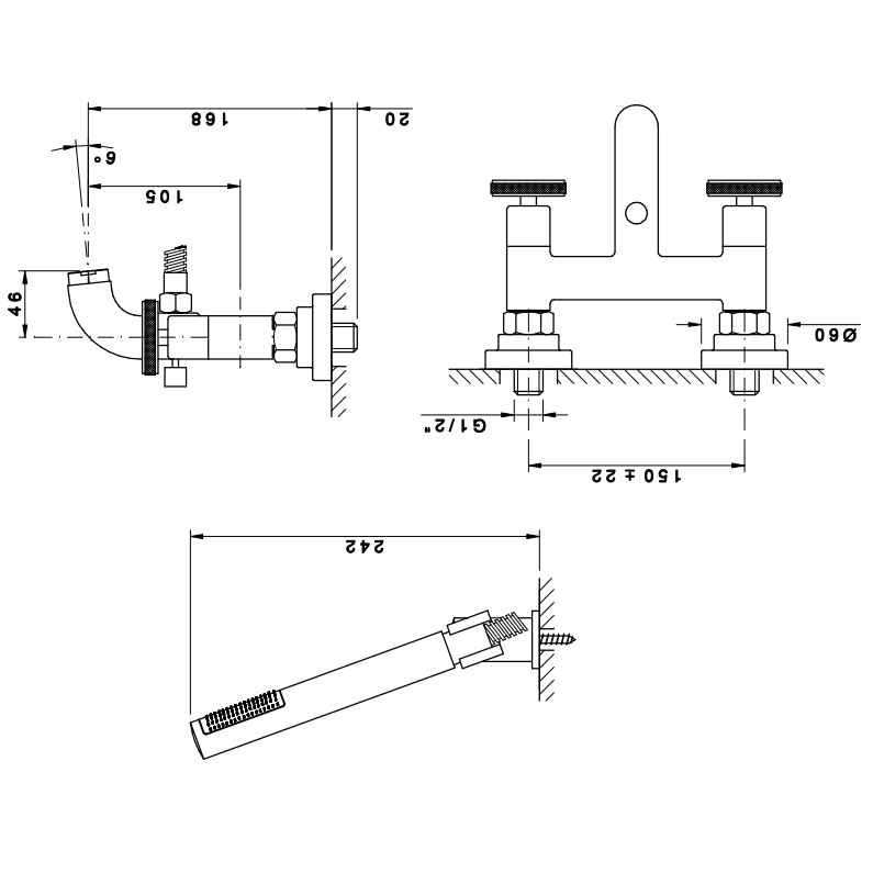 Nicolazzi Arena Смеситель для ванны с душем duplex настенный на 2 отверстия, излив: 168 мм цвет: хром