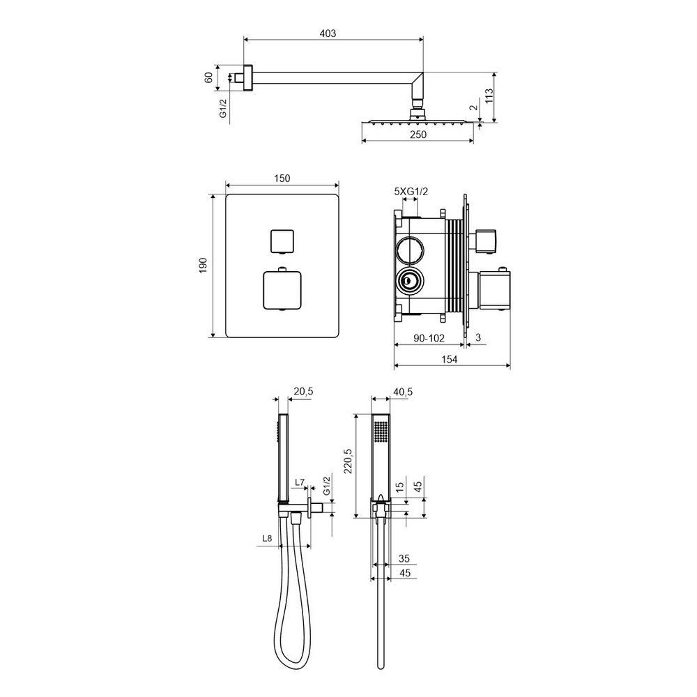 Термостатическая душевая система скрытого монтажа EXCELLENT Keria AREX.SET.2048CR (хром)