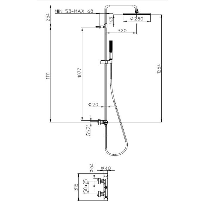BOSSINI APICE Стойка для душа с термостатическим смесителем, верхним душем Ø280 мм., ручным душем и шлангом 1500 мм., цвет хром BOSSINI APICE Стойка для душа с термостатическим смесителем, верхним душем Ø280 мм., ручным душем и шлангом 1500 мм., цвет хром