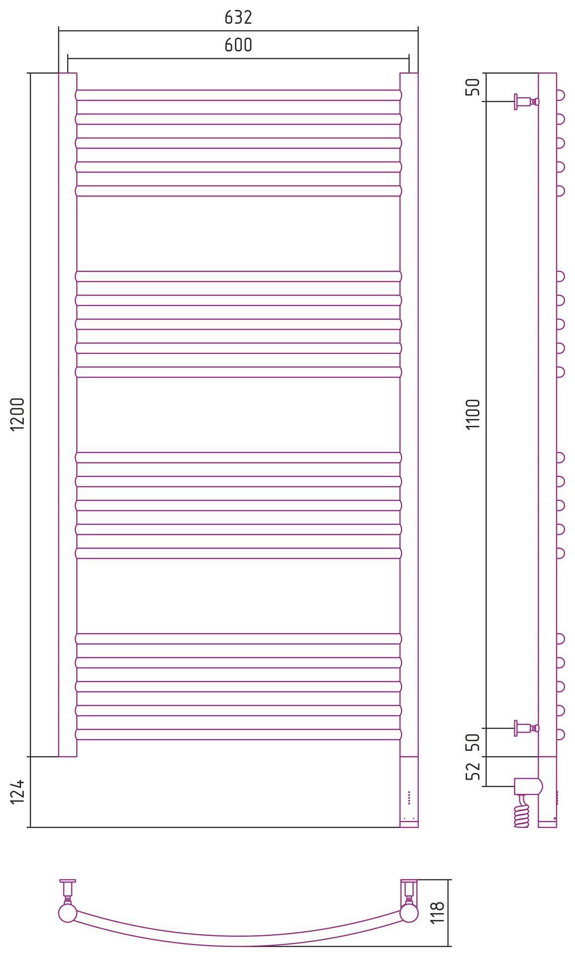 Полотенцесушитель электрический "БОГЕМА 3.0" 1200х600 / МЭМ правый (Золото)