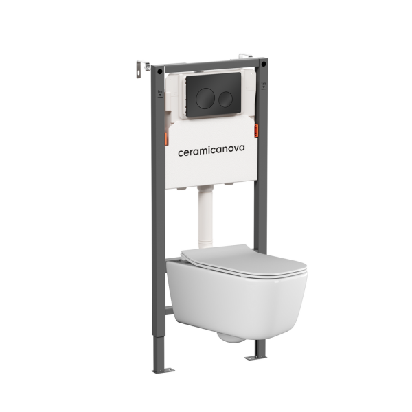 Комплект Подвесной унитаз Новый день (New day) Безободковый (Rimless) + Система инсталляции Баланс (Balance) кнопка Круг (Circle), черный матовый